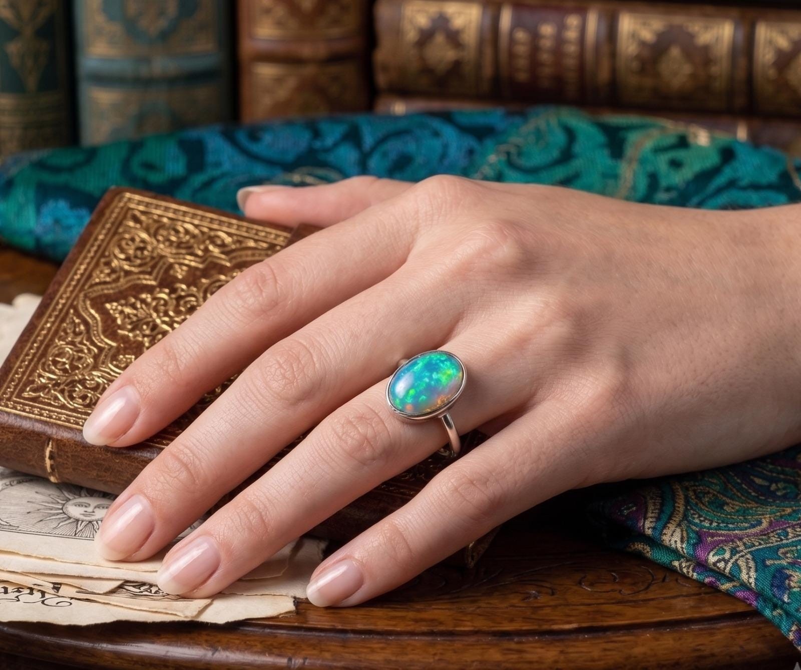 Natural Oval Cut Opal Gemstone Ring Handmade Design Silver Statement Rings