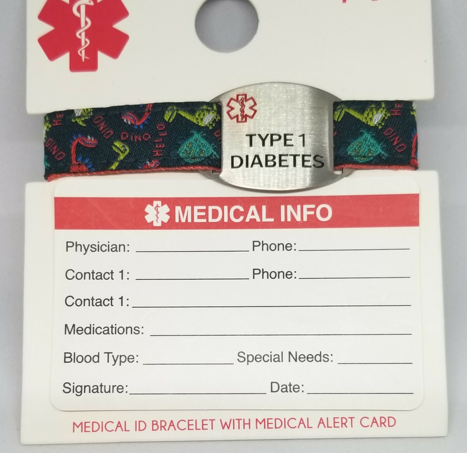 NEW – Medical ID Bracelet Type 1 Diabetes w/ Medical Alert Card – Dinosaurs Band