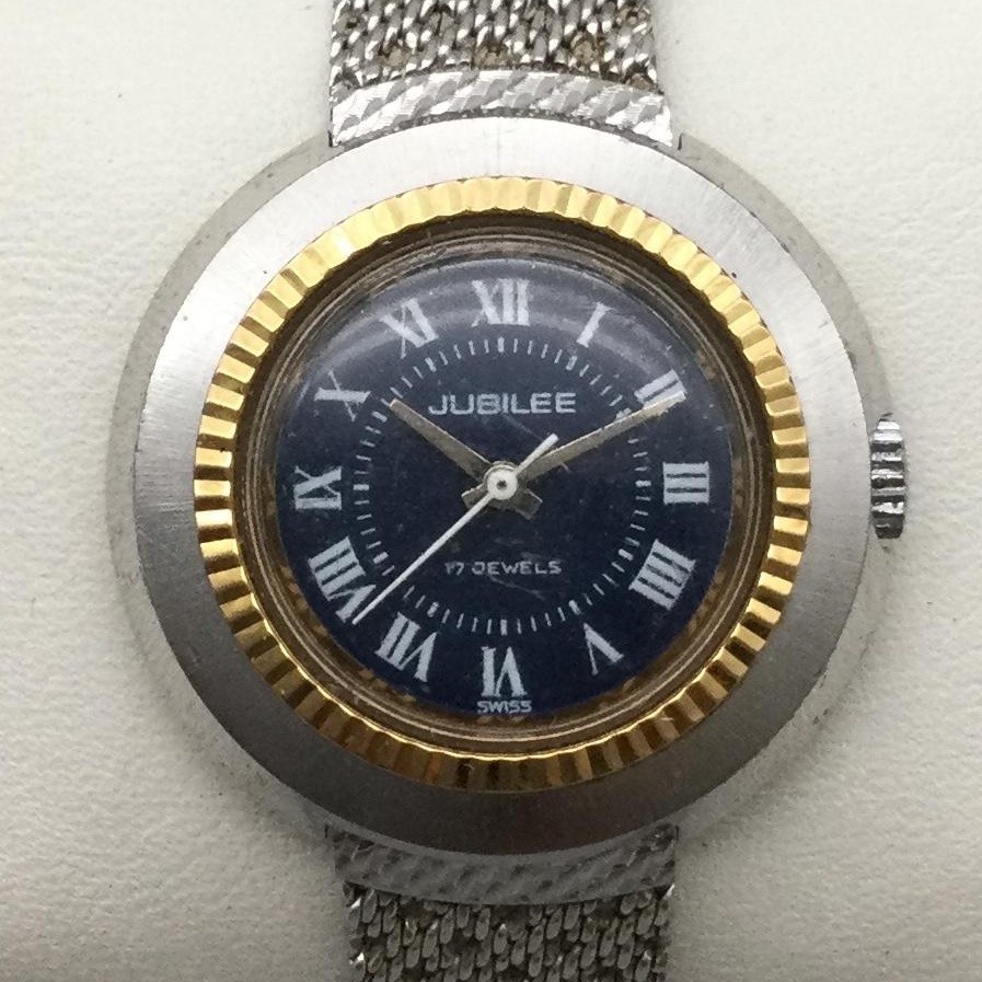 Jubilee Womens Watch 29mm Silver Tone Mesh Band Blue Dial 17 Jewels Swiss