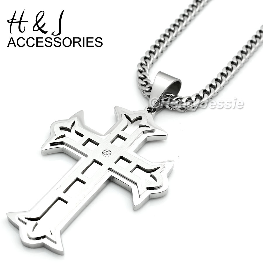 24″30″36″MEN’s Stainless Steel 4mm Silver Franco Box Chain CZ Cross Pendant*PL5