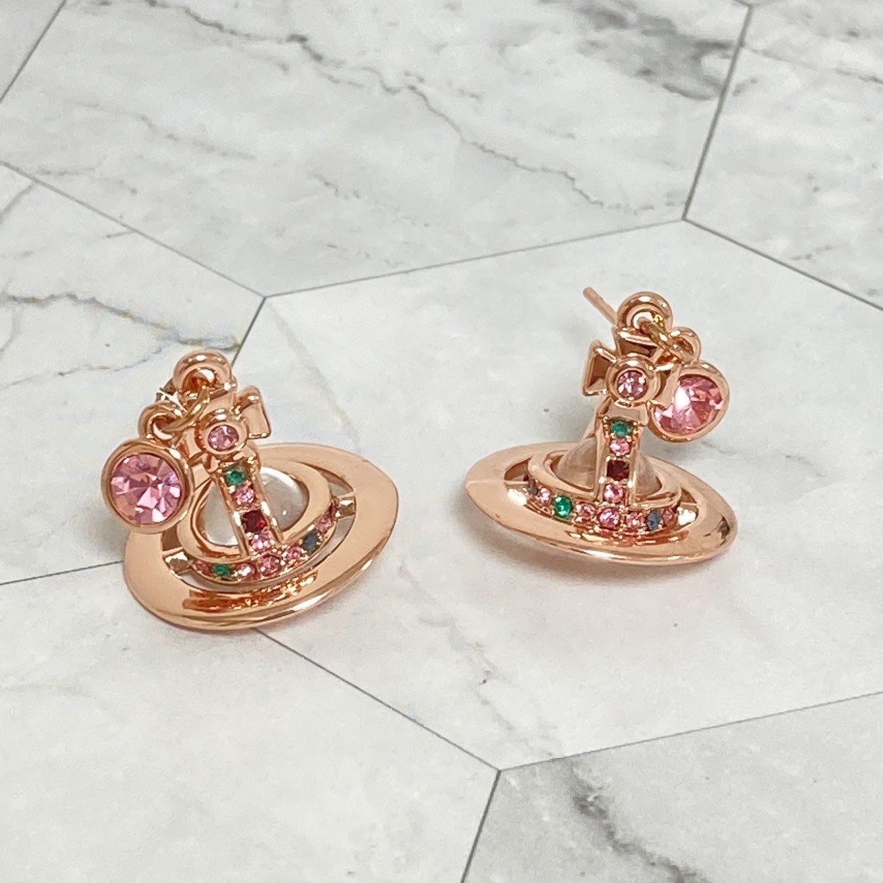Vivienne Earrings Petit Orb Rose Pink Gold Clear 2.5 x 1.4cm IN BOX
