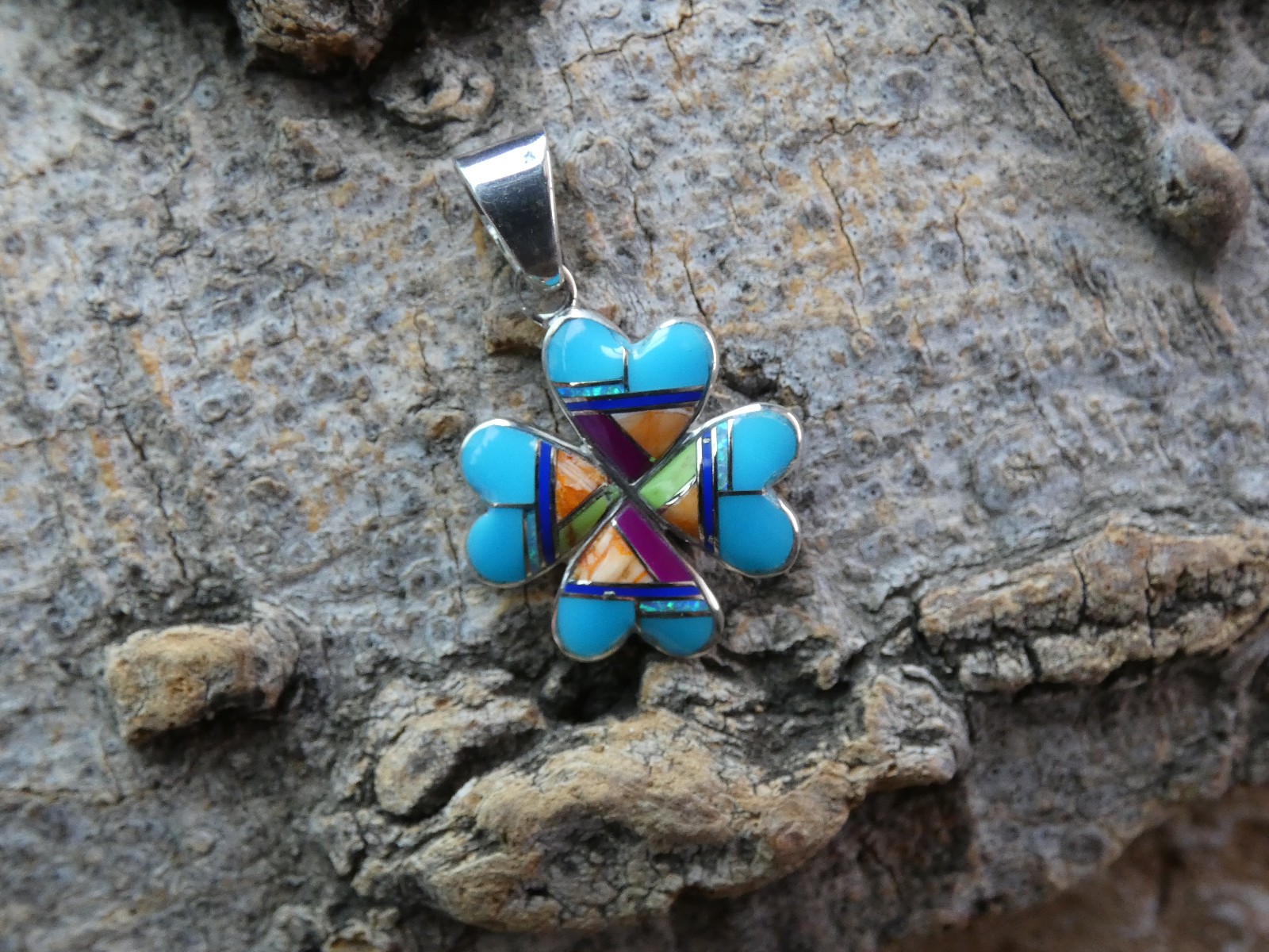 Love Luck Clover Multi Gemstone Handcrafted Sterling Silver Pendant New G38