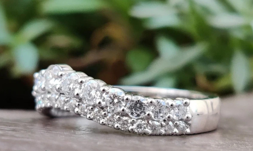 Moissanite Curved Wedding Band 14K White Gold Plated 2CT Excellent Round Cut
