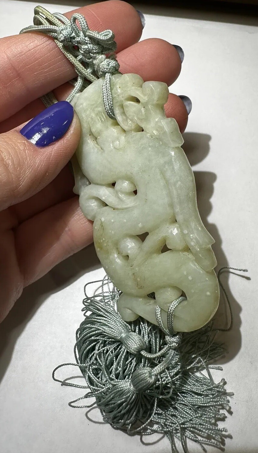 Carved Green Serpentine Jade Color Chinese Dragon Cord 28″ Necklace DA5