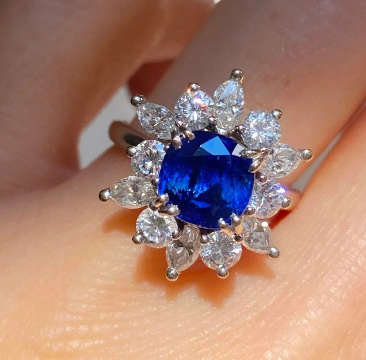 Diamond Wedding Ring 14K White Gold 2.70Ct Cushion Natural Blue Sapphire Size6 7