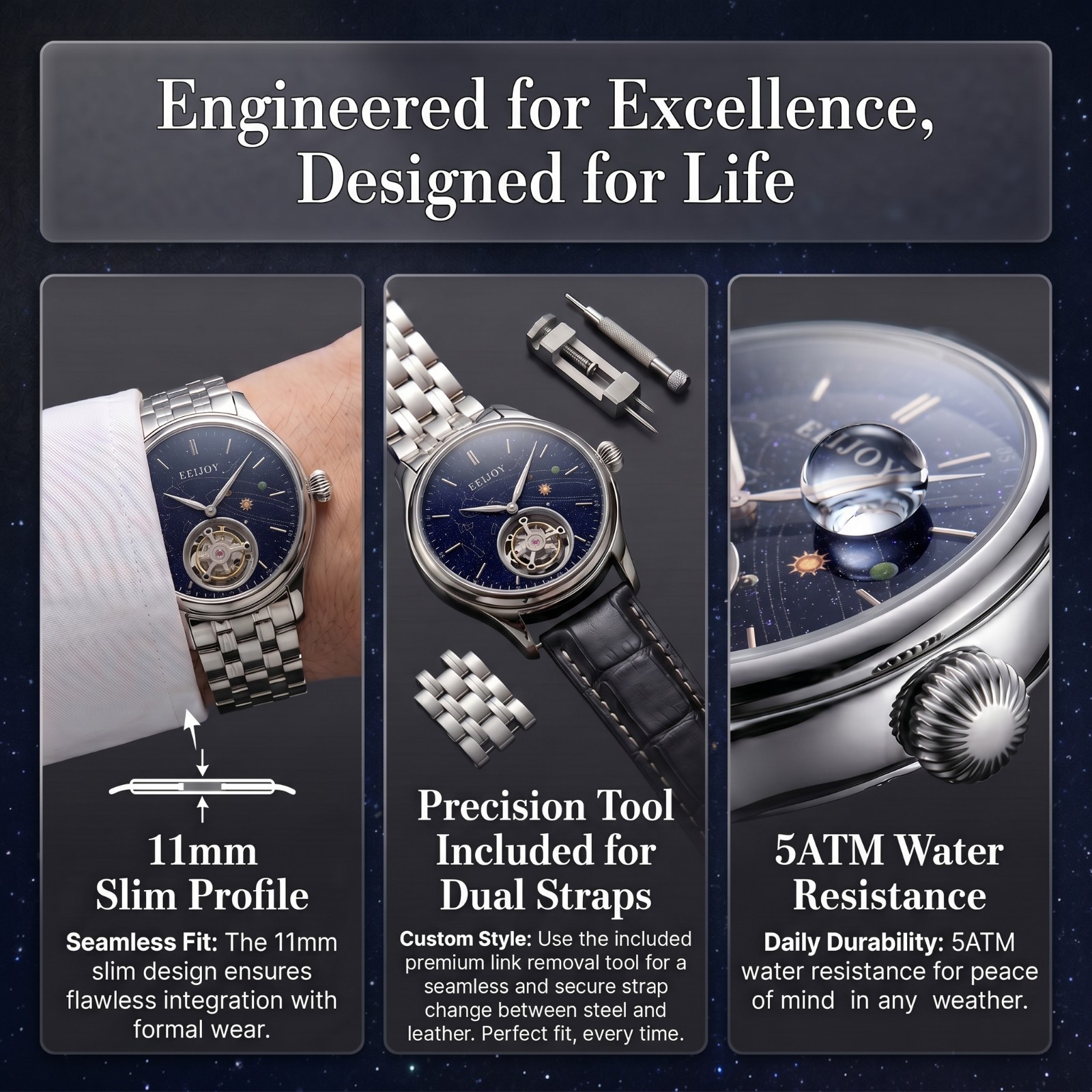 Men’s Genuine Flying Tourbillon Watch, Manual Winding Only, 40-42mm 316L Steel