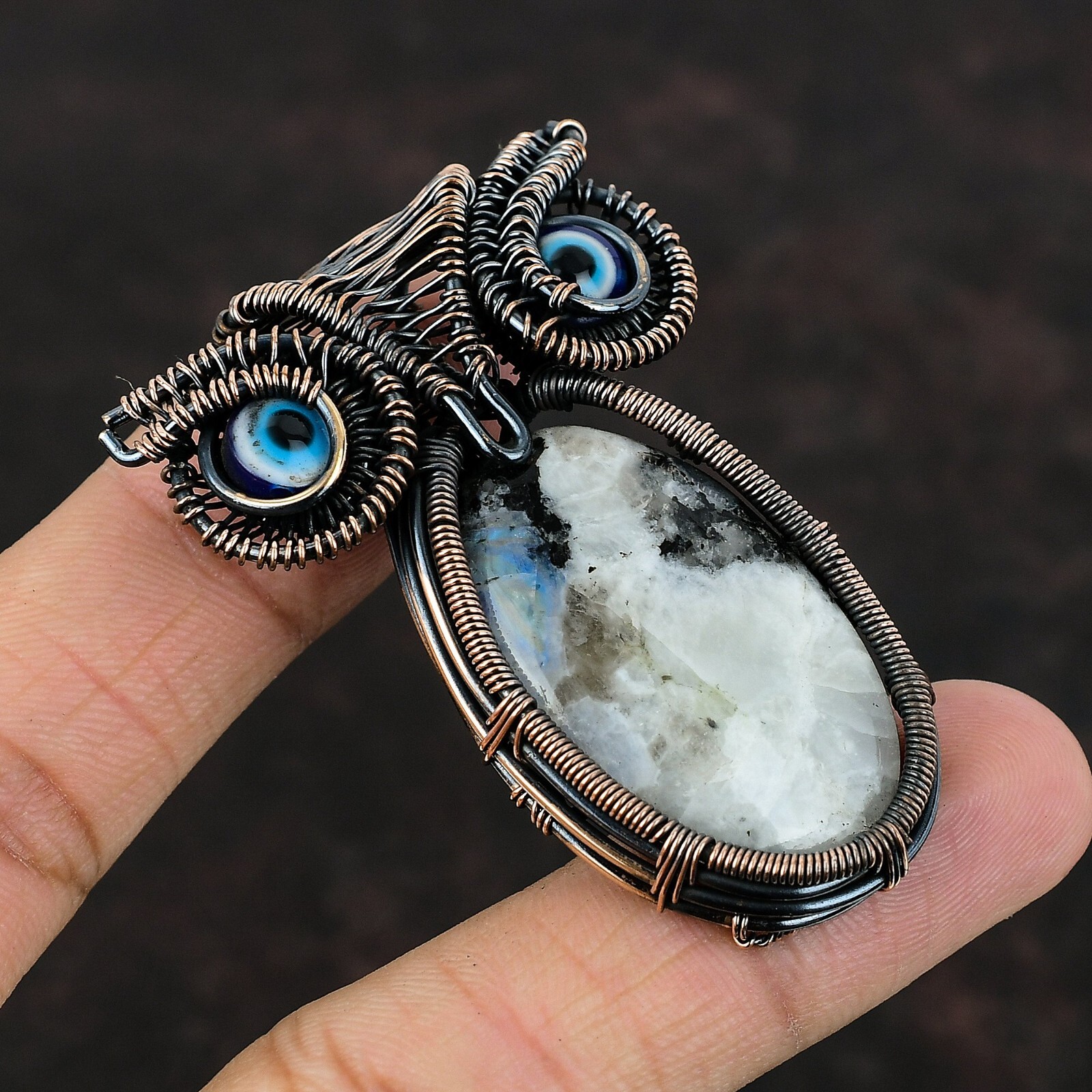 Rainbow Moonstone Wire Wrapped Owl Pendant Handcrafted Copper Unique Gift 2.36″