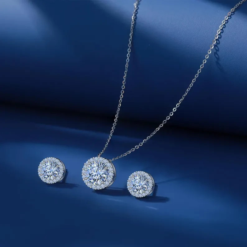 Ring Necklace & Earring Set 14K White Gold Plated Round T