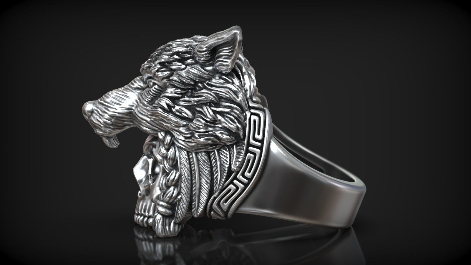 Native American Indian Chief Skull & Wolf Head 925SterlingSilver Statement Rings