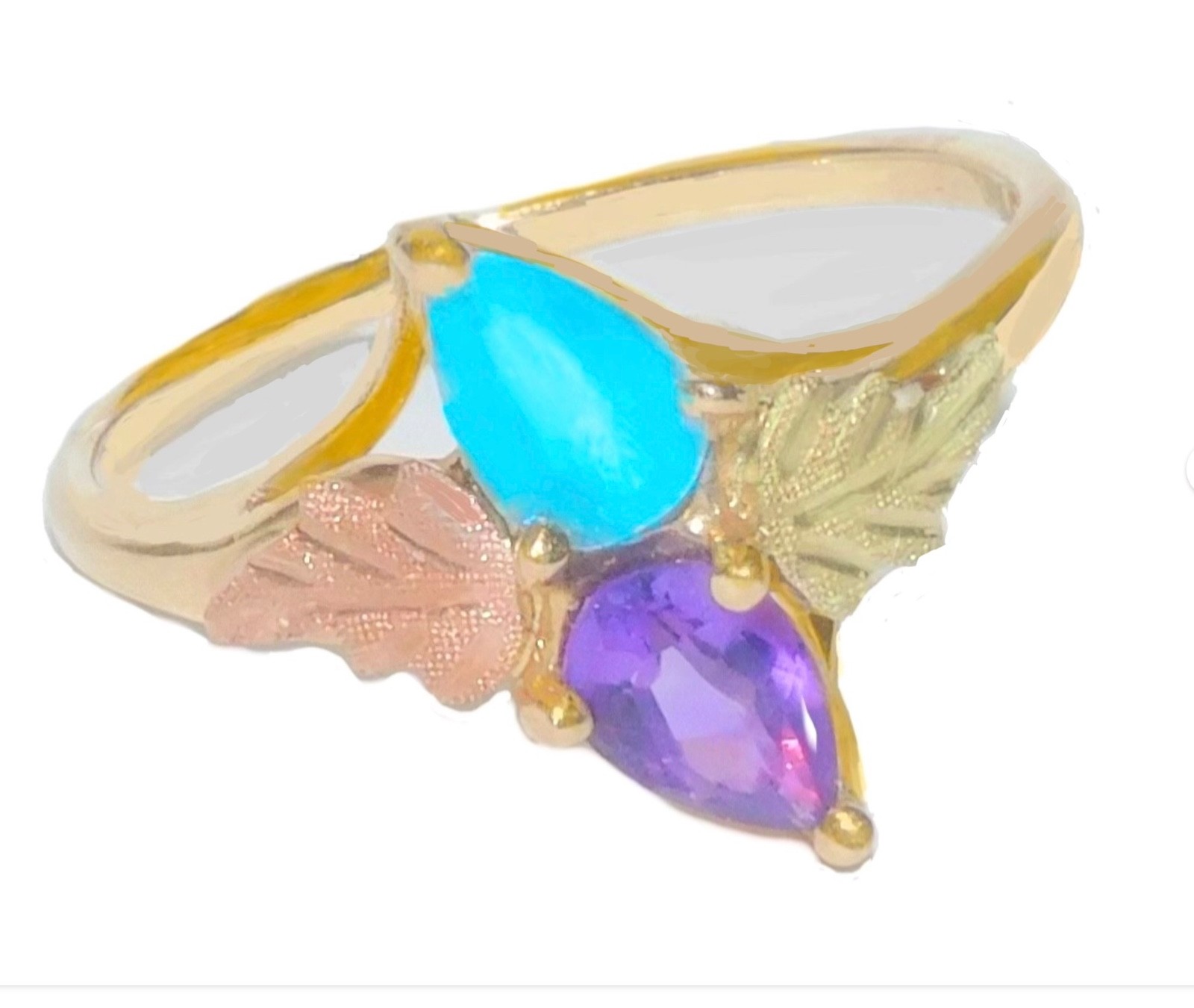 Black Hills Gold 10k Amethyst Topaz Leaf Ring Size 7