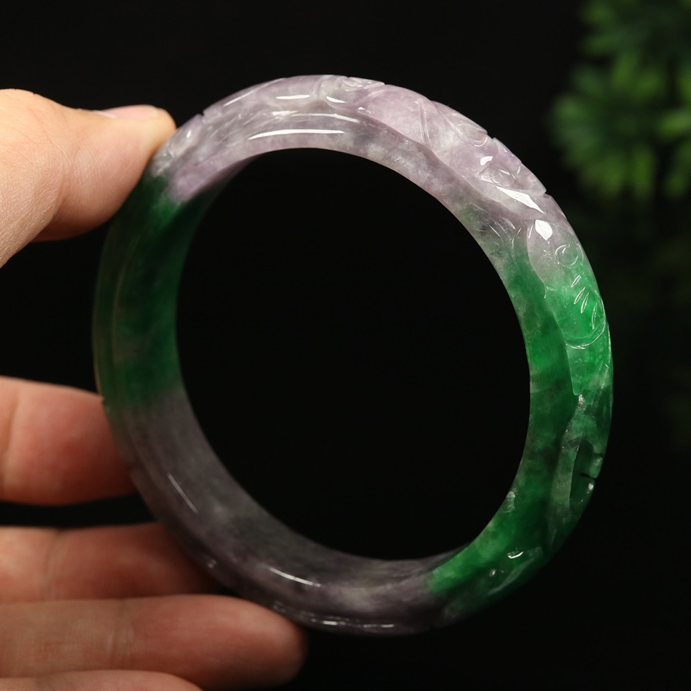 64mm Lavender Purple Green Jadeite Jade Bangle Bracelet Bat Ruyi Fish A-14801