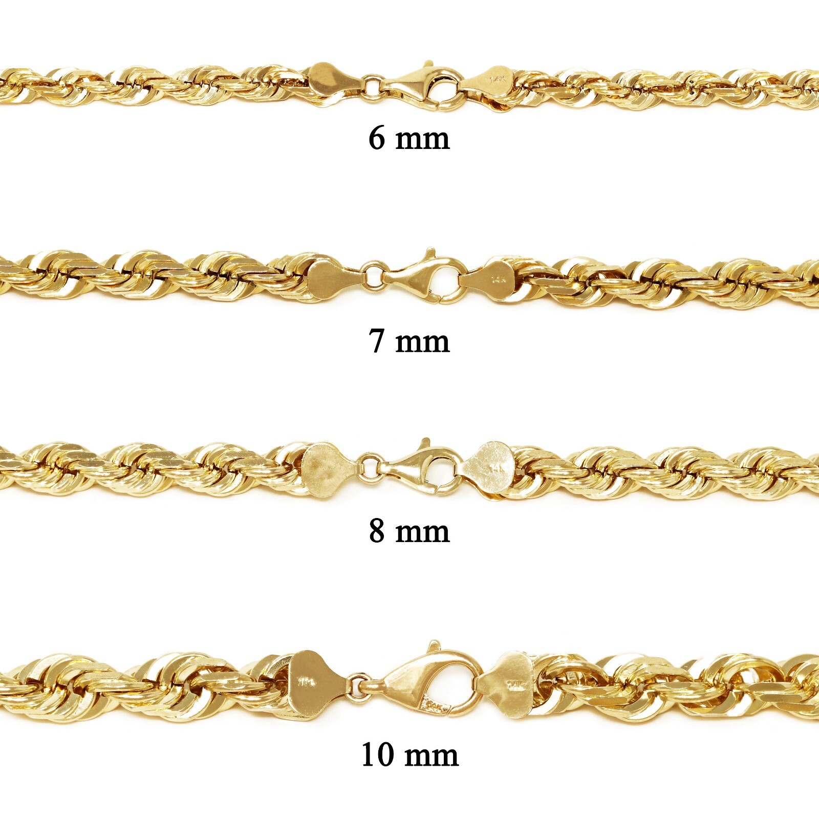 14k Yellow Gold Solid Diamond Cut Rope Chain Necklace 16″-30″ 1.5mm to 12mm