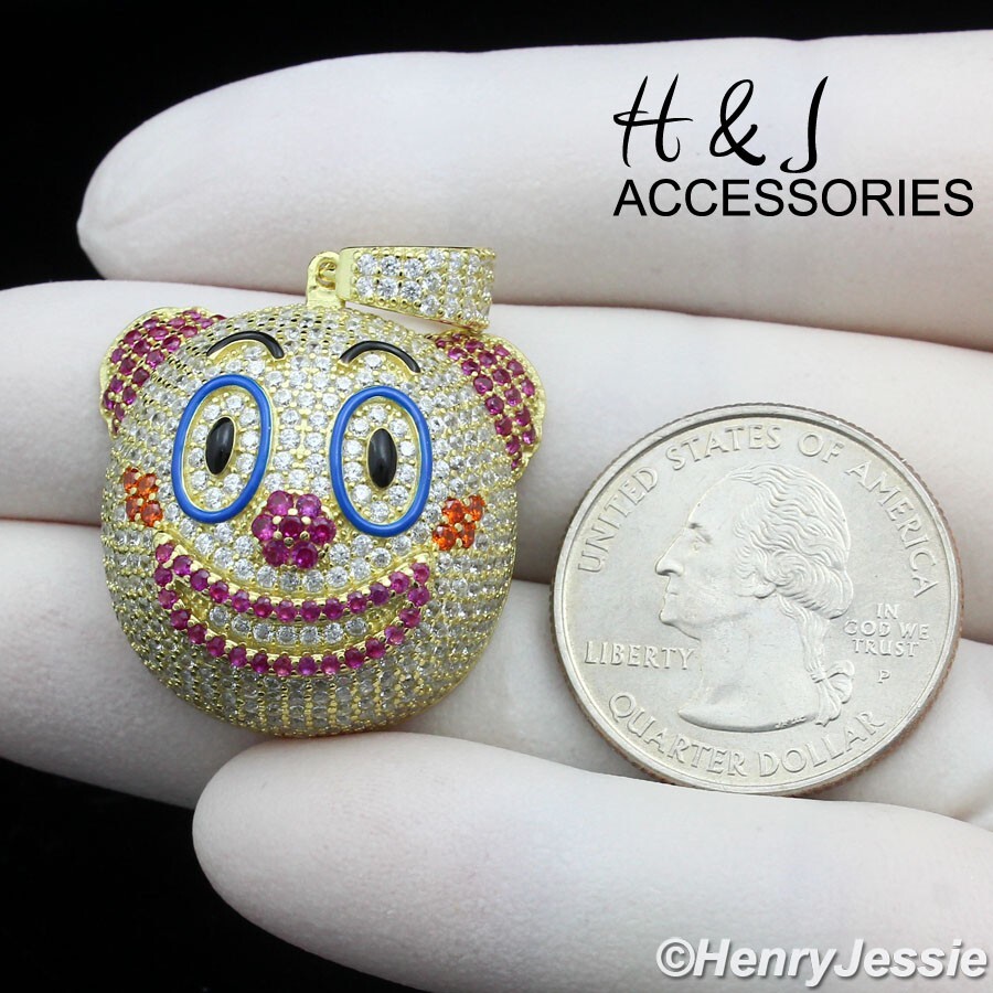 MEN 925 STERLING SILVER ICY BLING CZ 3D HIP HOP GOLD PLATED CLOWN PENDANT*AGP419