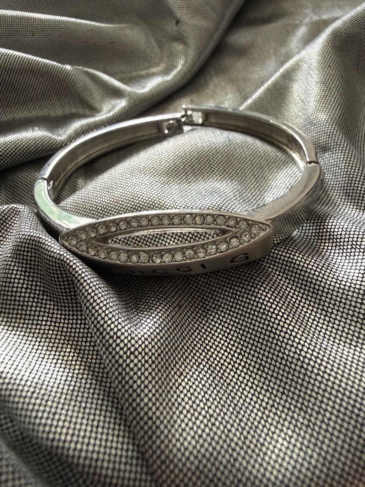 Silver Tone Crystal Hinged Bangle Bracelet Oval Cuff Sparkly Elegant