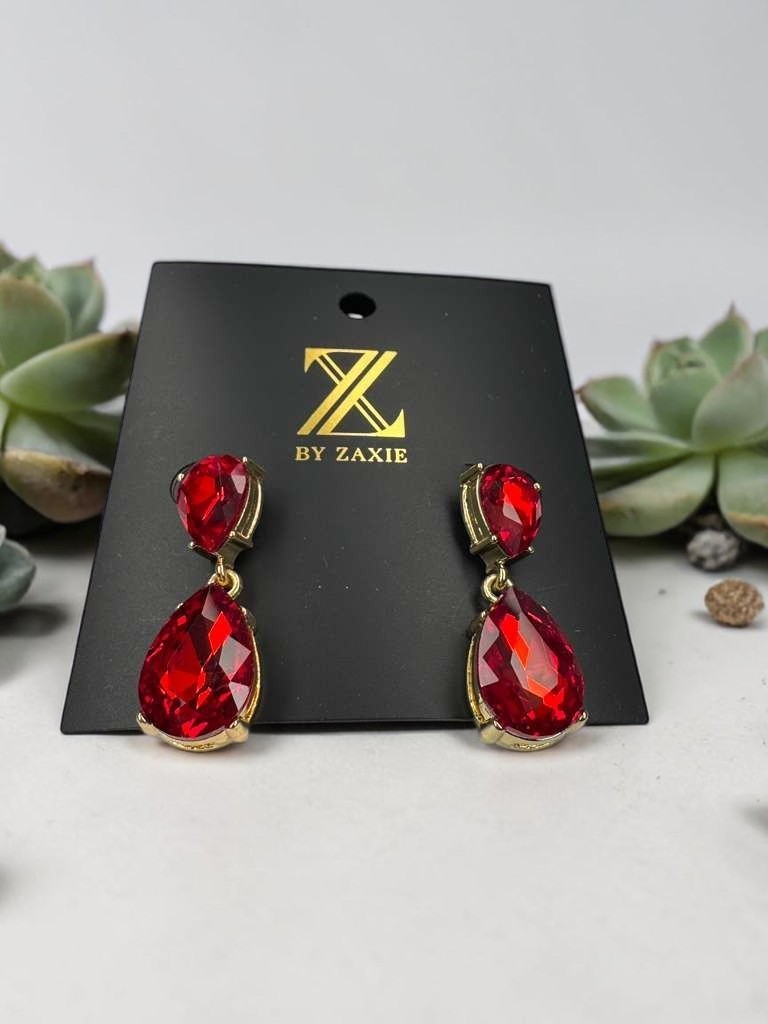 Z by Zaxie Red Crystal Teardrop Dangle Earrings Gold Tone