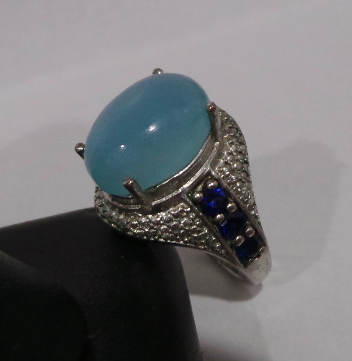 STS Karis Oval Aqua Chalcedony & Blue Accents Ring Silver Tone Size 6 14x10mm
