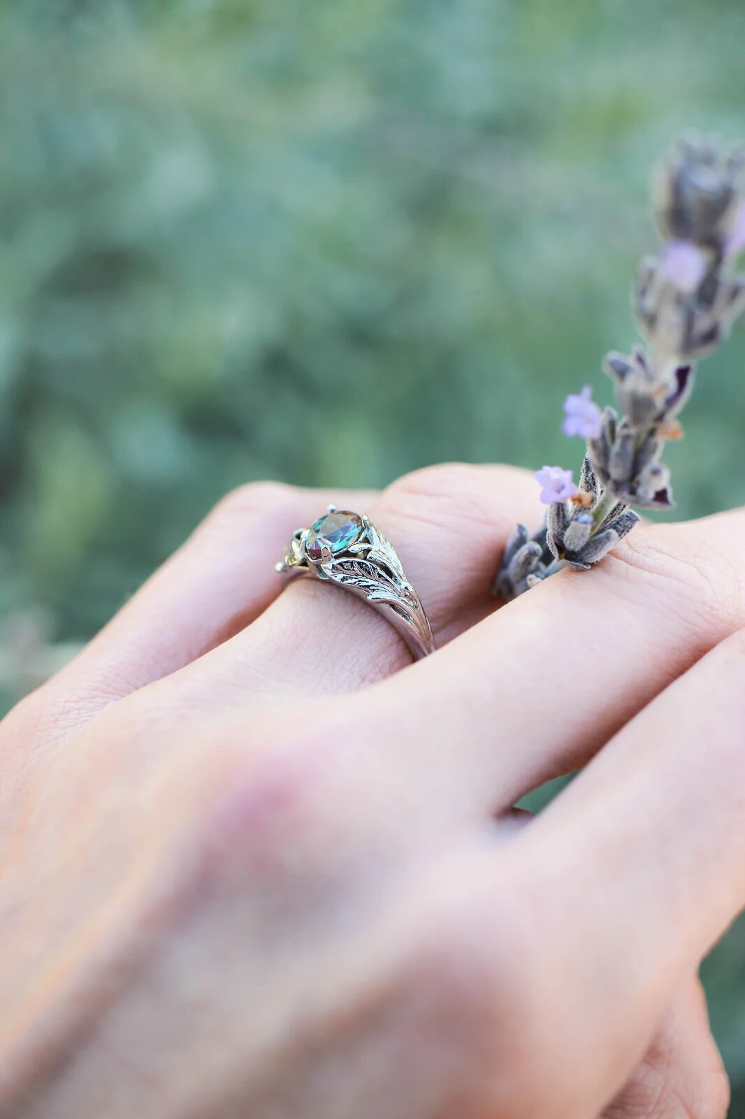 Alexandrite ring, engagement ring, 925 Sterling Silver, leaves Shape ring