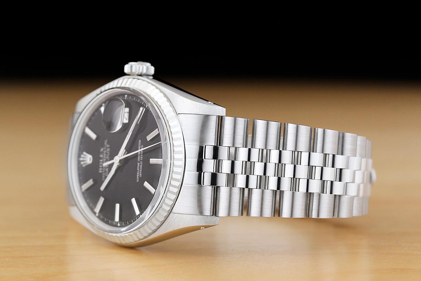 ROLEX MENS DATEJUST BLACK DIAL 18K WHITE GOLD STAINLESS STEEL JUBILEE WATCH