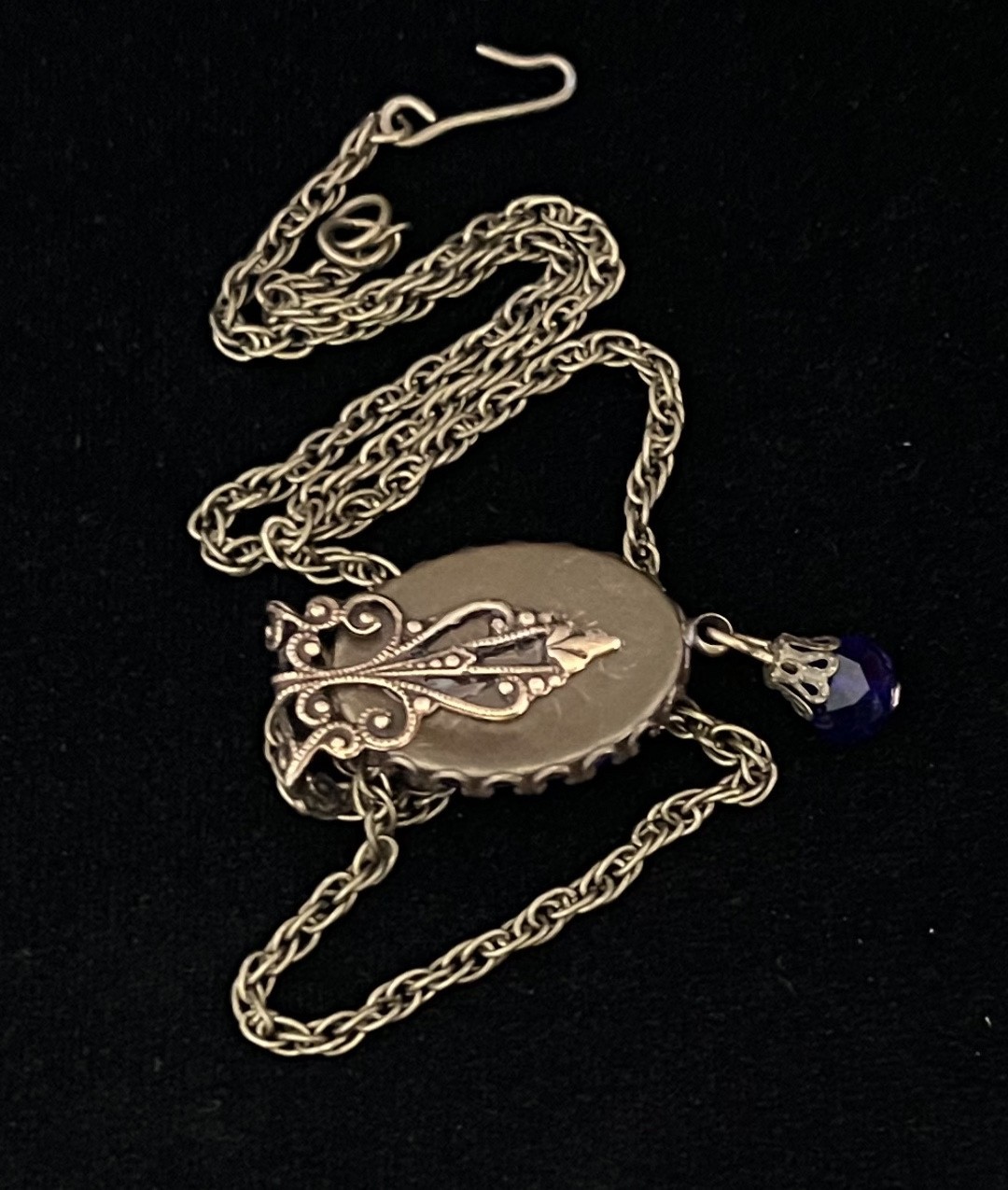 Blue Necklace Victorian Revival Brass Filigree Czech Glass Rhinestone Pendant
