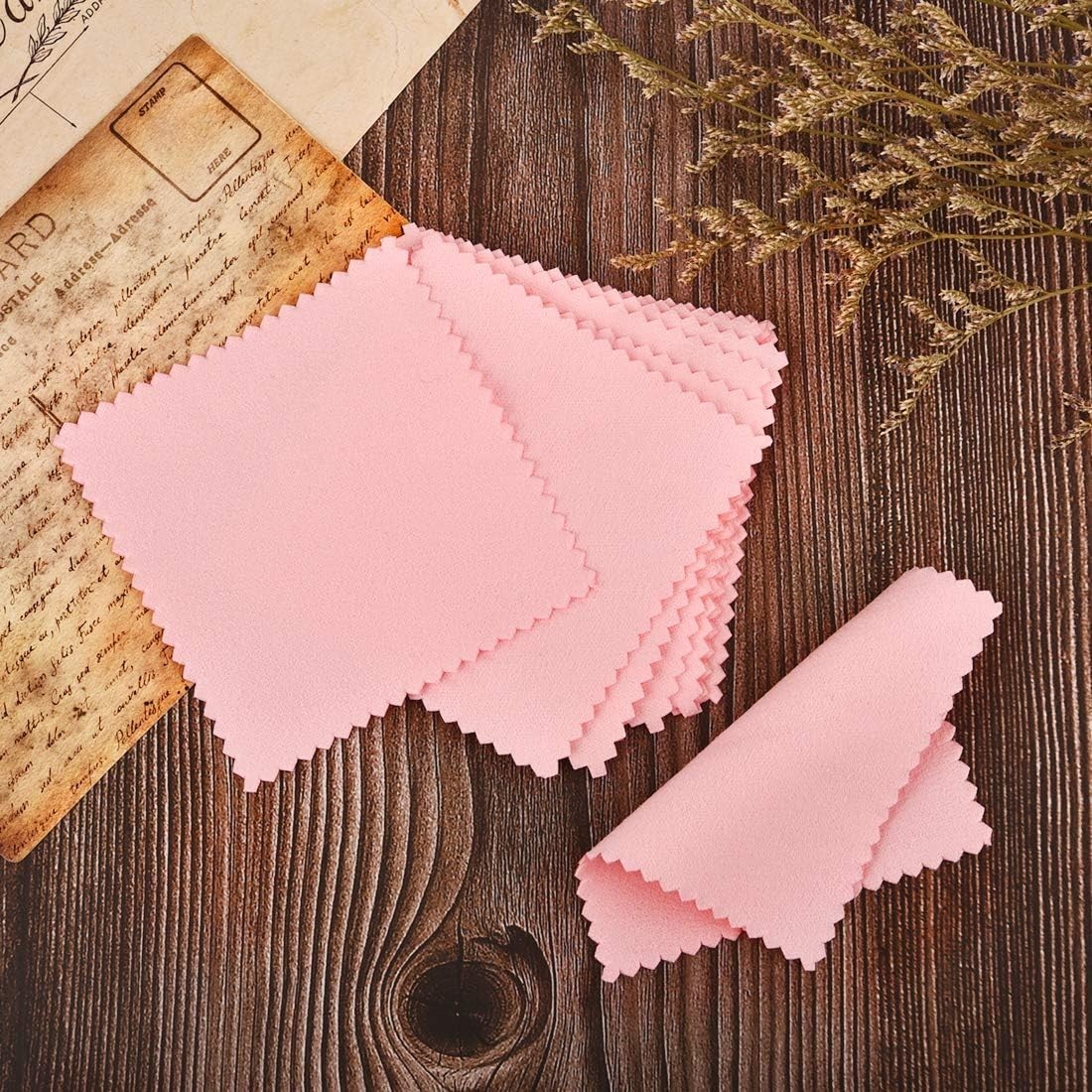 Compact 50pcs Pink Suede Cloths for Jewelry Care – Shine Your Precious Pieces