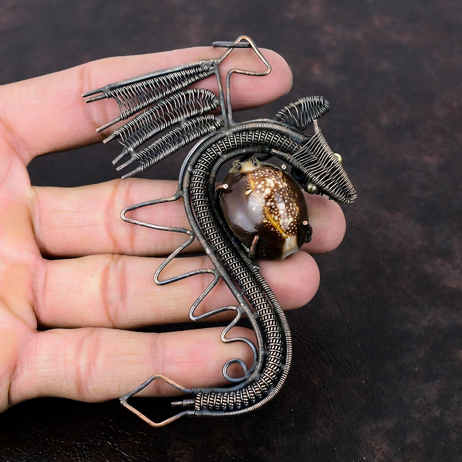 Cowrie Shell Wire Wrapped Dragon Pendant Handcrafted Copper Gift Jewelry 4.45″