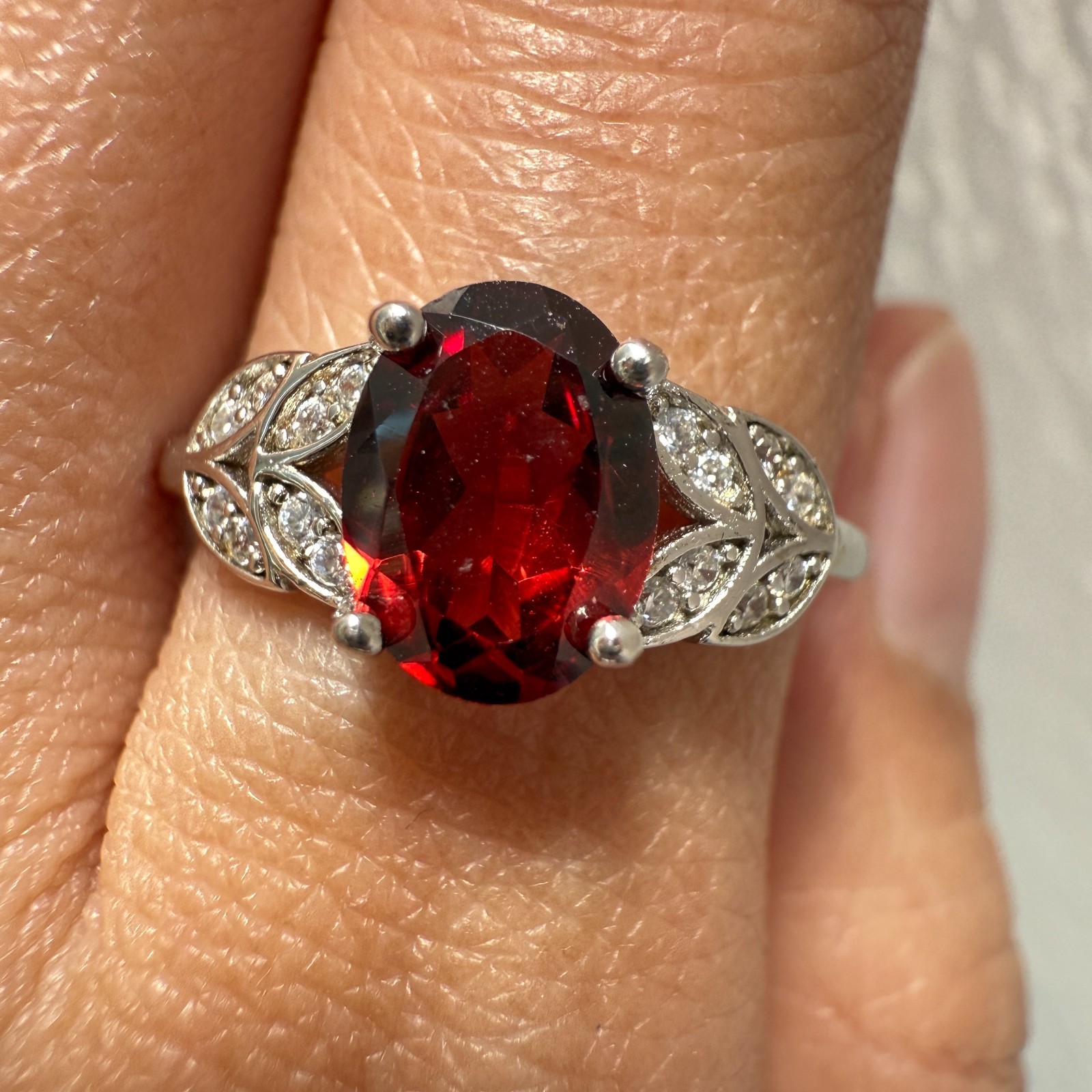 925 Sterling Silver Ring 8x6mm Natural Rhodolite Garnet Gemstone Zircon Flower