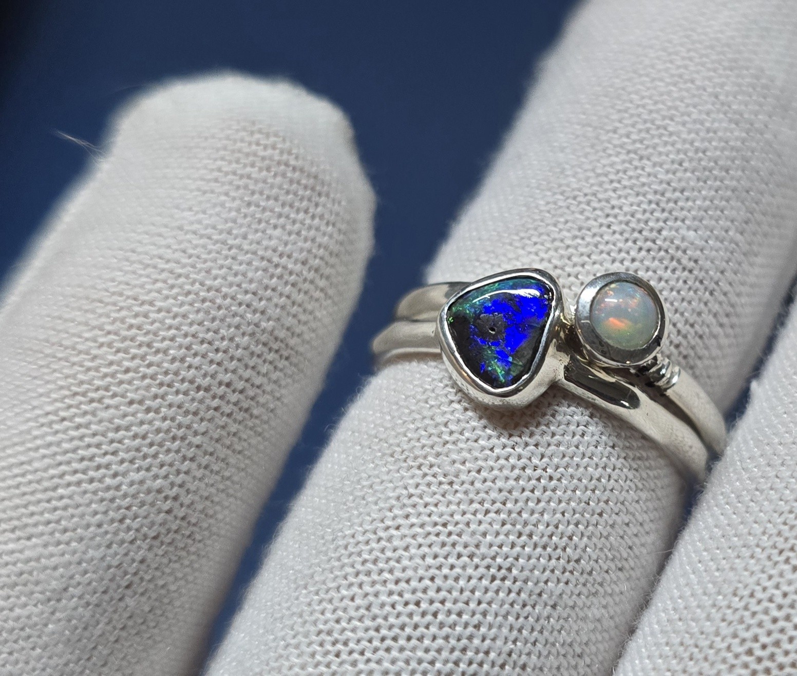 2 X Australian Made STACKABLE Opal Ring Set 925 Sterling Silver Ring Unique