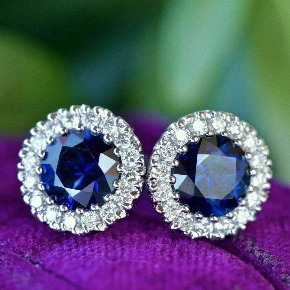 2Ct Round Lab Created Blue Sapphire Stud Earrings Womens 14K White Gold Plated