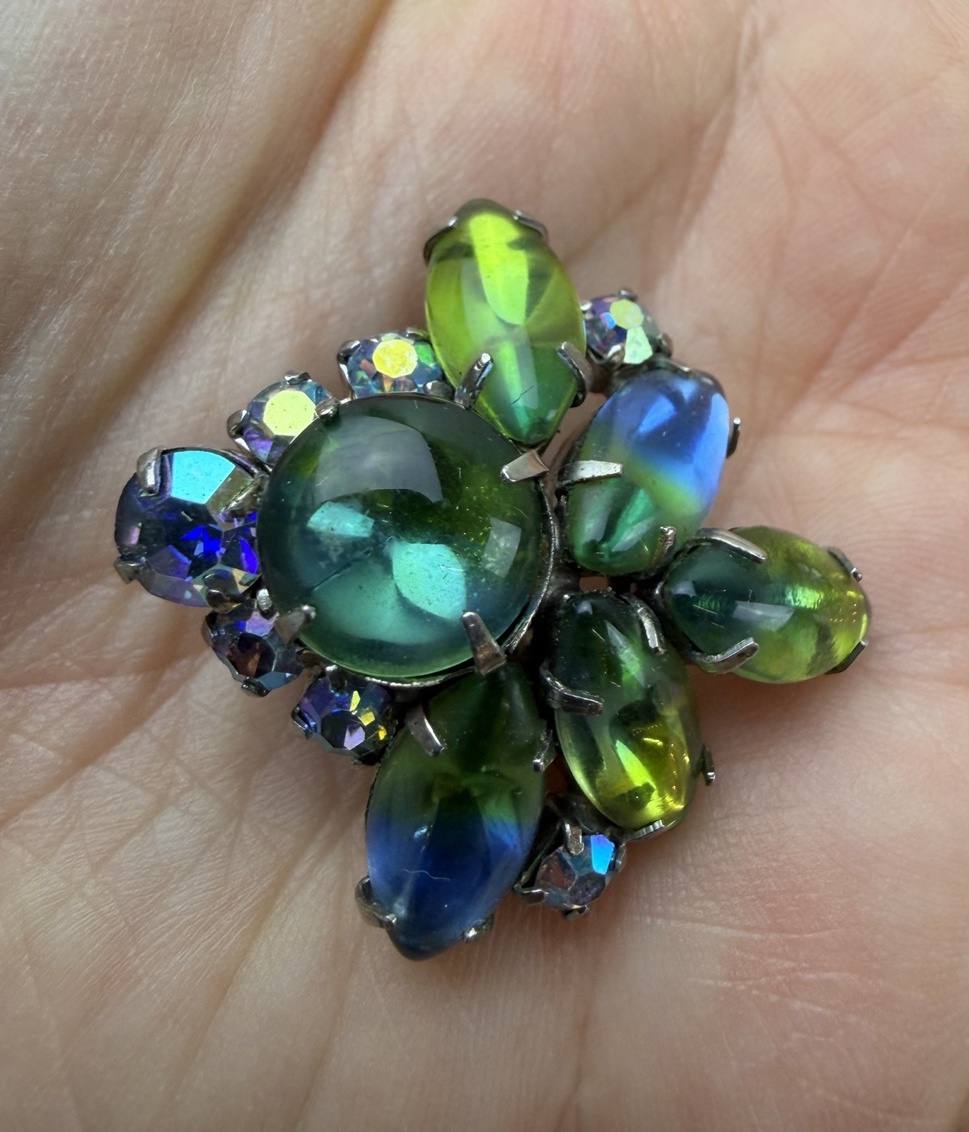 Vtg Clip Earrings Blue & Green Aurora Borealis Rhinestones Regency MCM