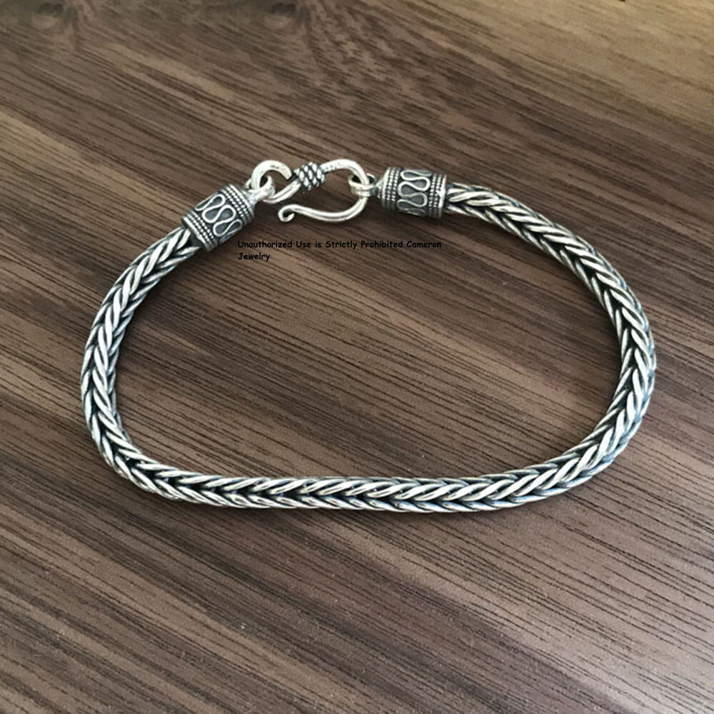 Pure S925 Sterling Silver Chain Men Women 4mm Braided Wheat Link Bracelet 6-8in