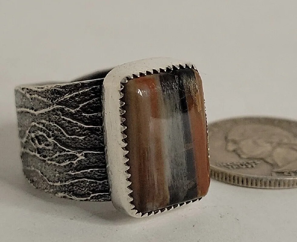 Petrified Wood Sterling Silver Ring Size 11-1/2 Signed 18.5g Carved Tufa Cast