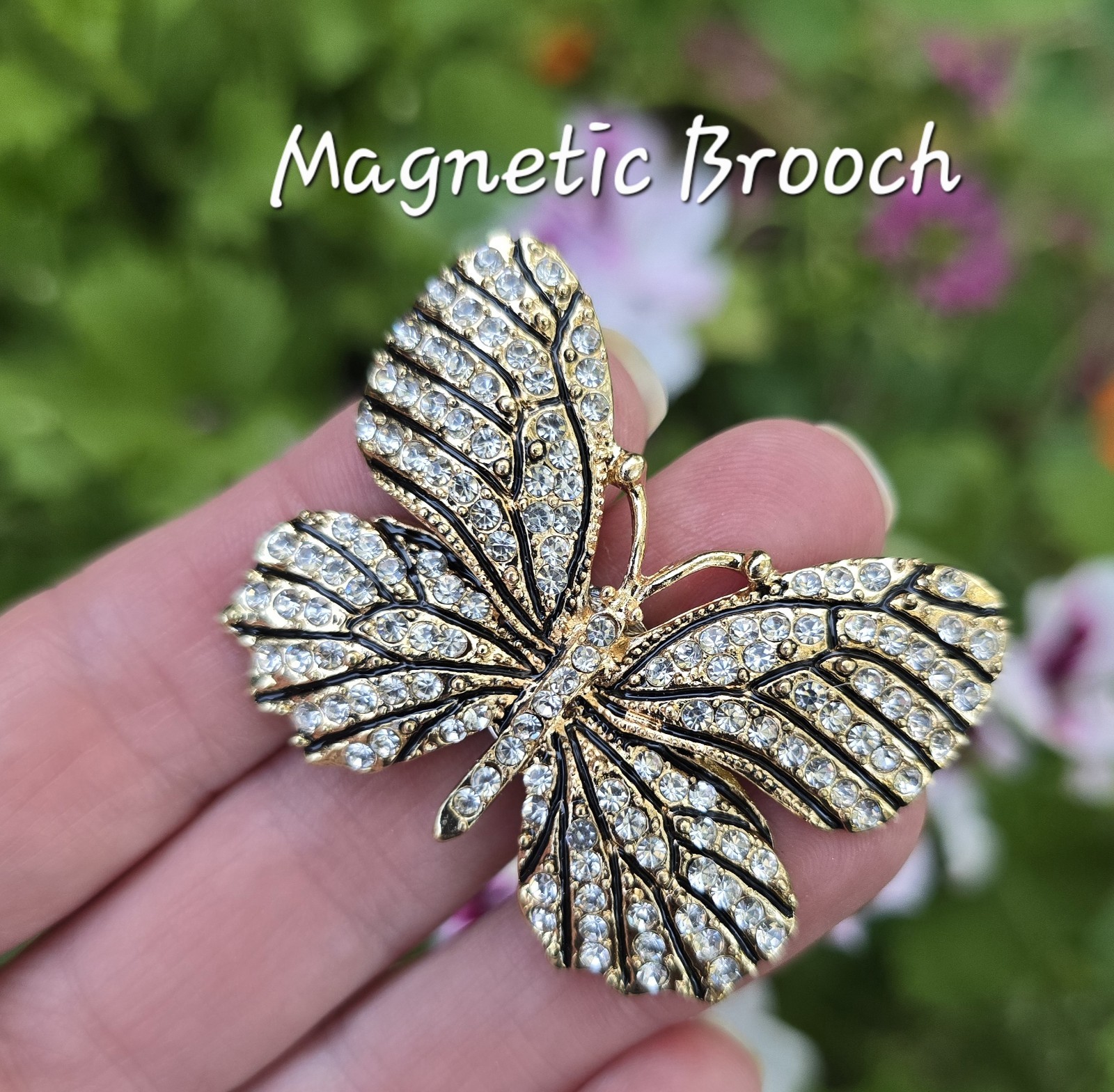 Gold, Clear, Black MAGNETIC Butterfly brooch. Butterfly jewelry, Pin-free