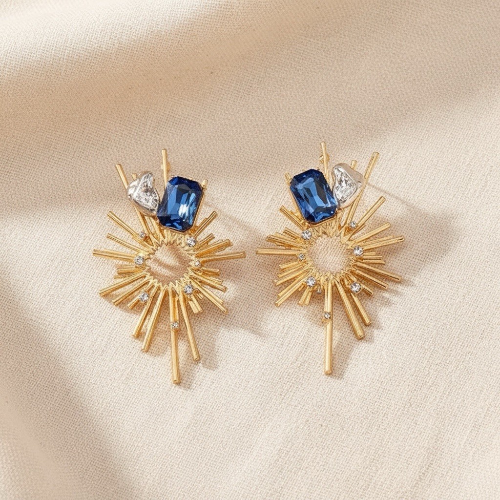 Art Deco Sunburst Earrings Gold CZ Star Museum Modern Molten Sun Boho Art Retro