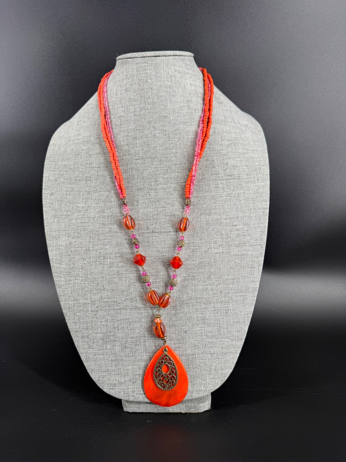 Coldwater Creek Orange Dyed Shell Pendant Seed Bead Necklace 29″