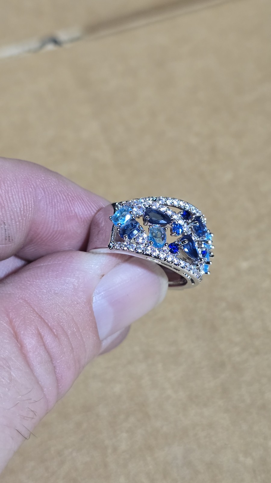 Boho Silver Tone Blue Crystal Teardrop Cluster Cocktail Ring Size 7