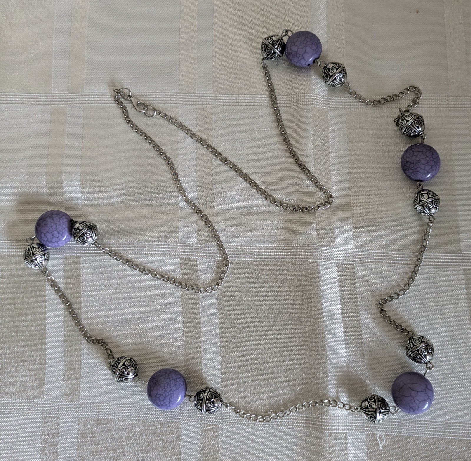 Silvertone Chain Necklace With Purple Beads And Silvertone Orbs 92 Cm Long