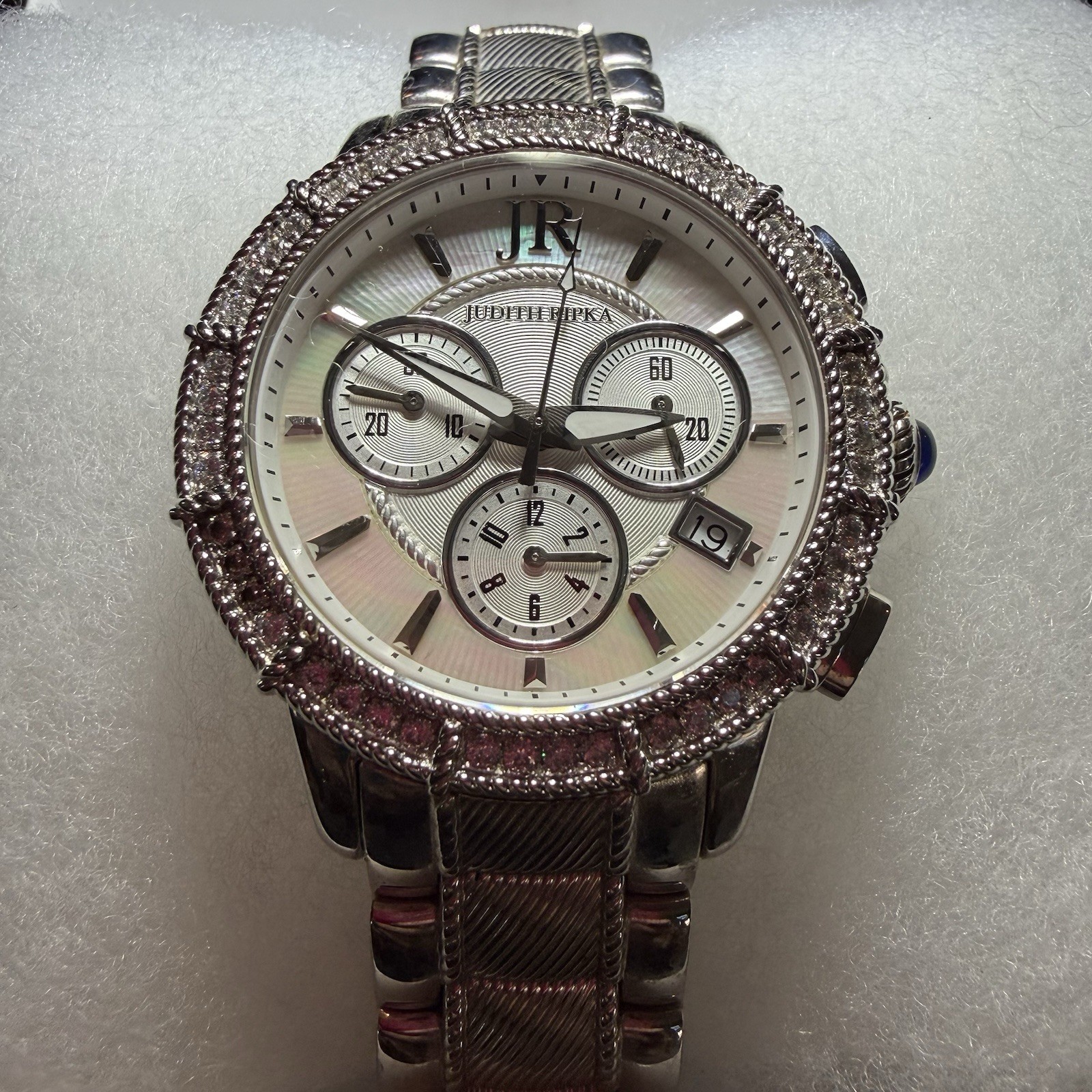 Judith Ripka stainless steel chronograph watch with Mother-of-Pearl dial