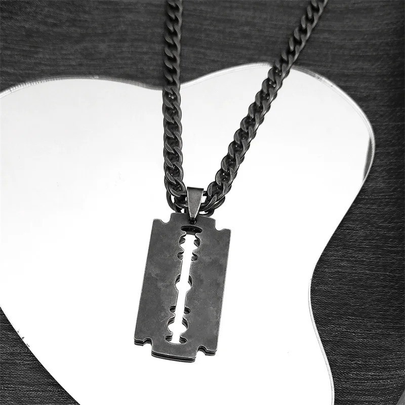 Blade Razor Necklace Pendant Stainless Steel Chain Men’s Box Men Silver 20 Cuban