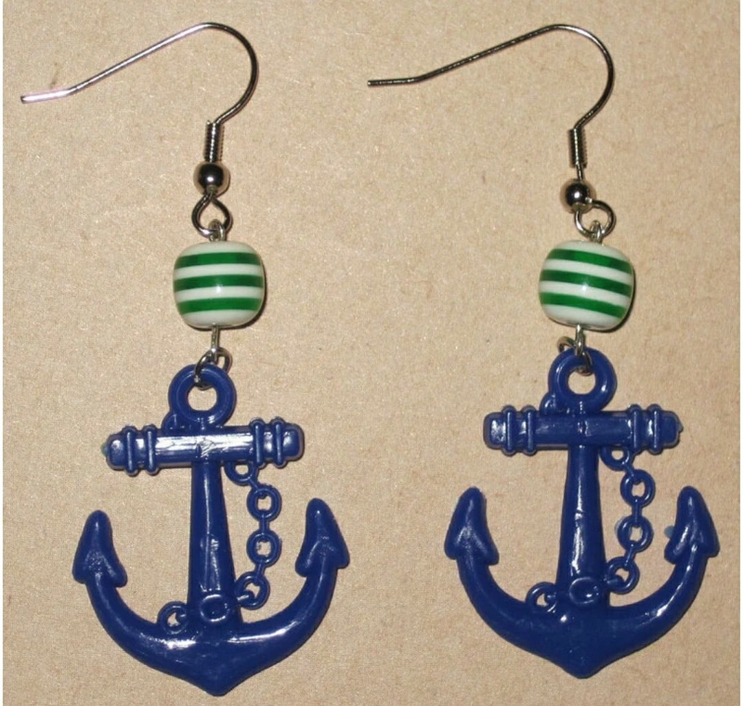 BLUE Anchor Sailor Striped Nautical Rockabilly Retro Earrings Mod Resort Yacht