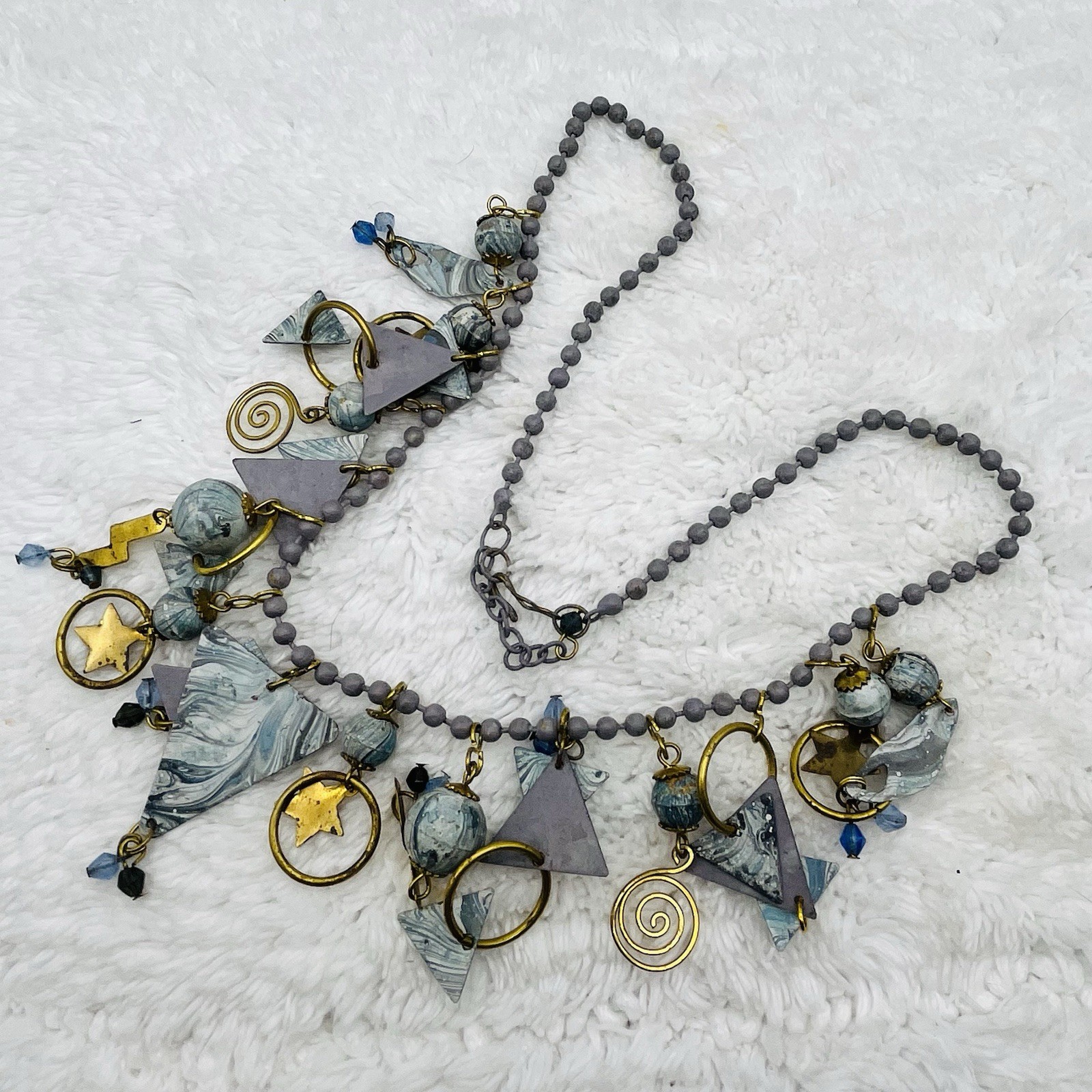 Charm Necklace Boho Artisan Mixed Media Brass Polymer Clay Beads 24″