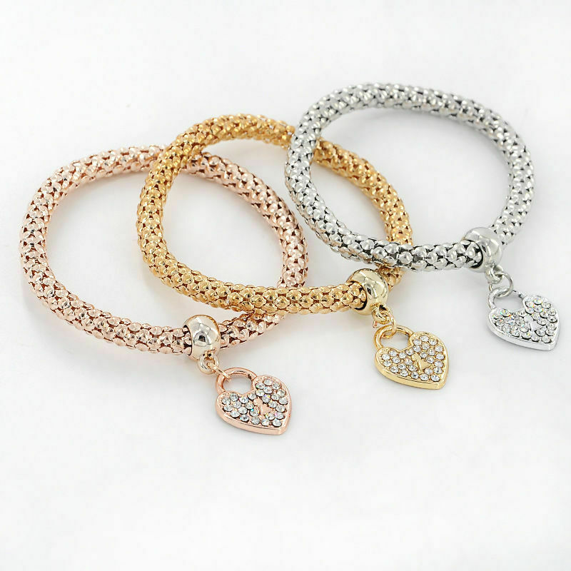 Silver Rose Gold White Topaz Heart Charm New Fashion Bracelet Bangle 3 in 1 Set