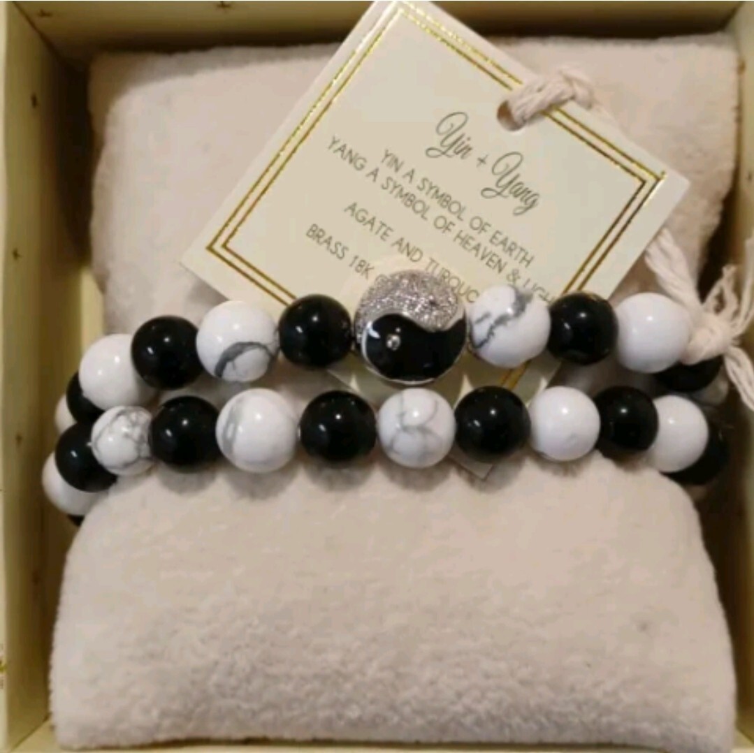 2 STRETCH LUXE UNISEX BRACELETS ARM EYE CANDY YIN & YANG AGATE TURQUOISE 18K GP