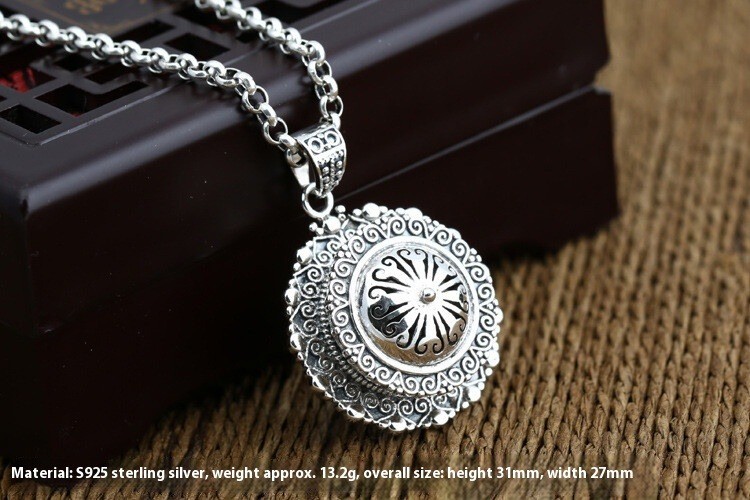 S925 Silver ORNATE LOCKET Pill Box Pattern Hollow Pendant Vintage Sun Mandala