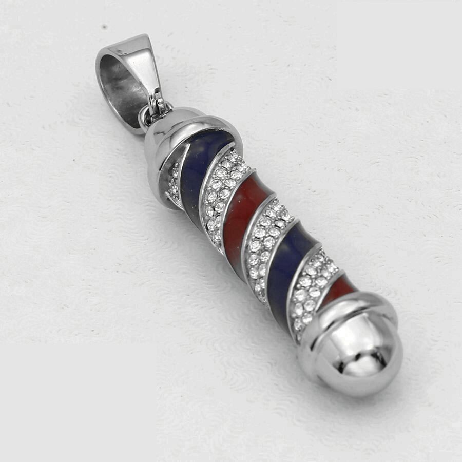 DG Men’s 24″ Stainless-Steel Silver barber pole Blue Red Charm,Cuban Chain*Box