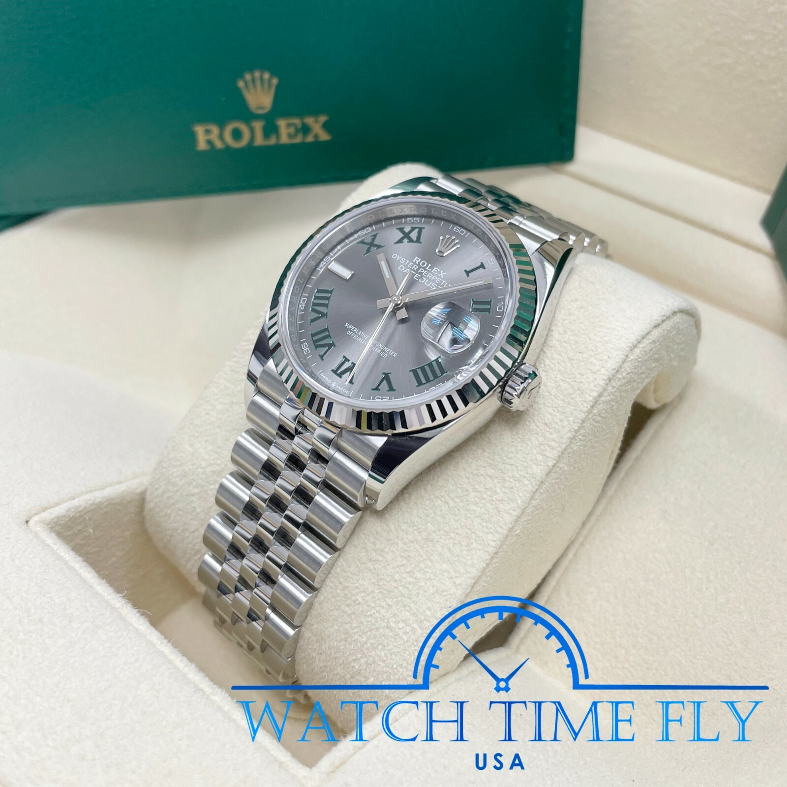 Rolex 126234 Steel Datejust 36 Fluted Bezel Wimbledon Rhodium Roman Dial Jubilee