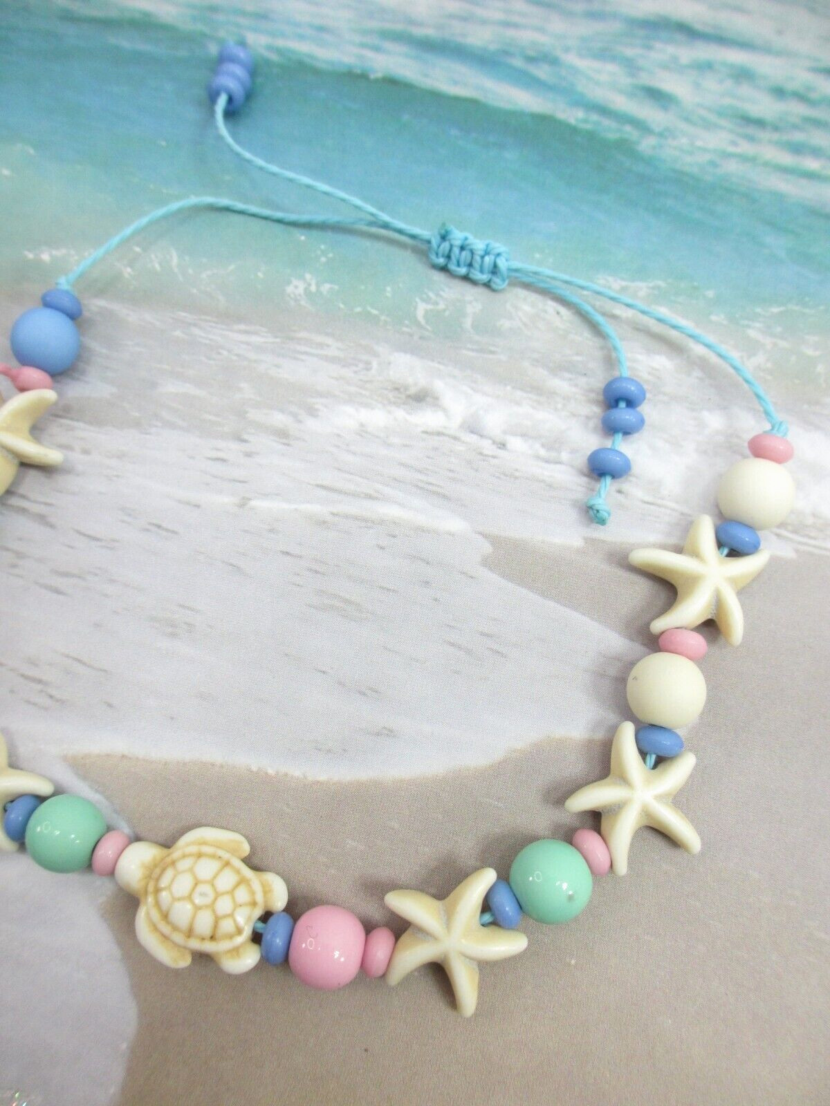 Beach Charm Anklet Turtle Ankle Bracelet Starfish Beaded Blue Raffia Adjustable