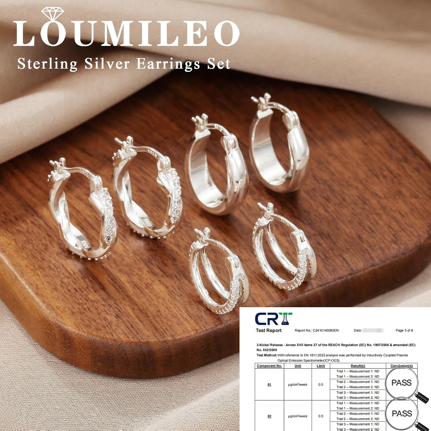 3 Pairs 925 Sterling Silver Post Hoop Earrings for Women Hypoallergenic Small Sl