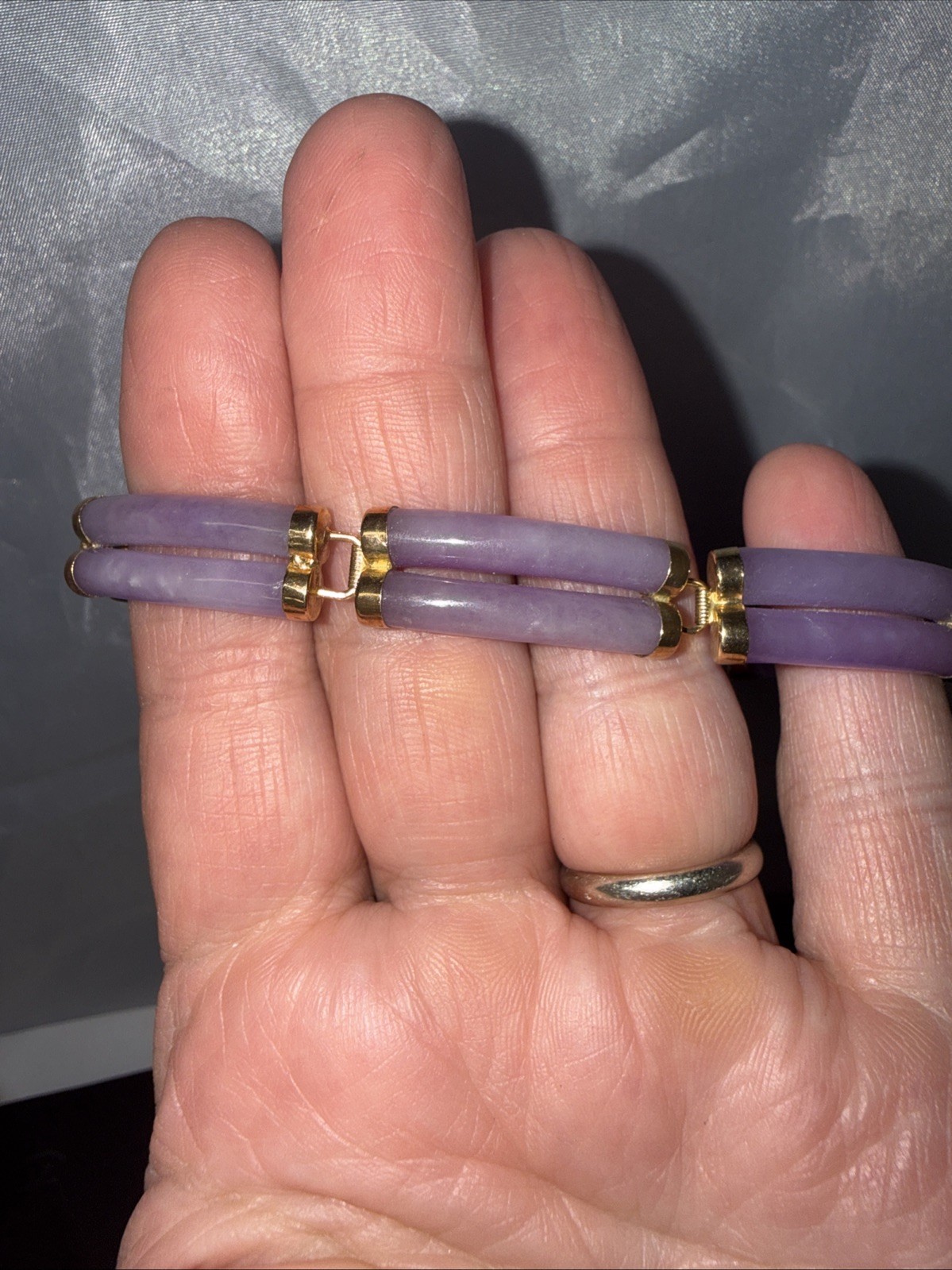 14k Gold Wide Double Lavender Jade Bracelet 10mm Asian 7.25″ Vintage Heng Ngai