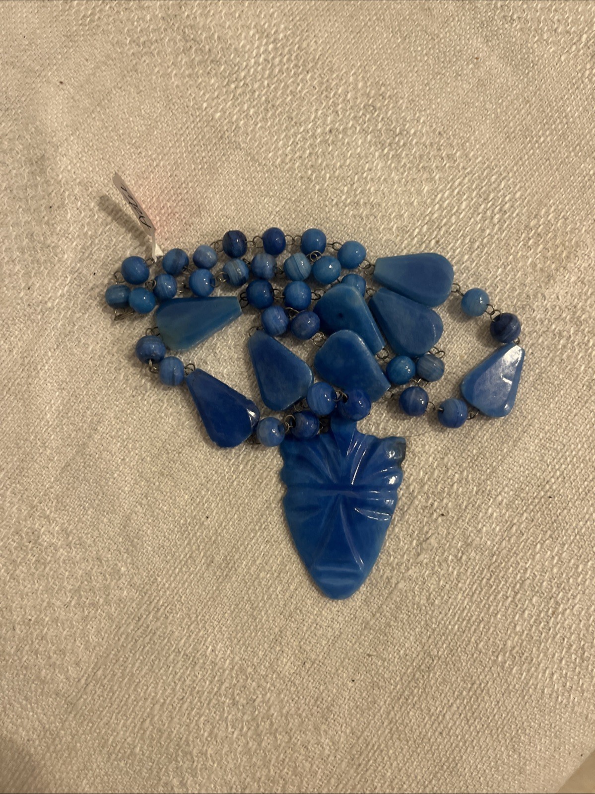 Vintage Aztec Mayan Blue Agate Carved Gemstone Face Mask Pendant Necklace
