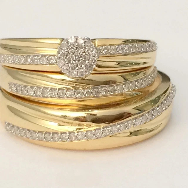 Diamond Wedding 14K Yellow Gold Plated His/ Her Simulated Band Trio Ring Set 3Ct